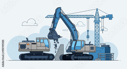 Construction Site Illustration Showcasing Modern Equipment and Infrastructure Development