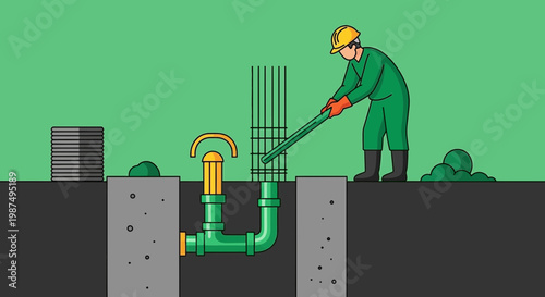 Construction Worker Installing Plumbing System on Green Background with Concrete Structure