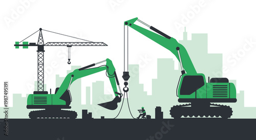 Construction Site Illustration Showcasing Modern Equipment and Urban Development Progress