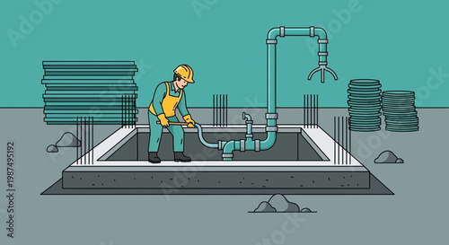 Construction Worker Installing Plumbing System in a Concrete Structure For Water Sanitation