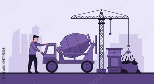 Construction Worker Near a Concrete Mixer Truck Standing Next To a Tower Crane in the City