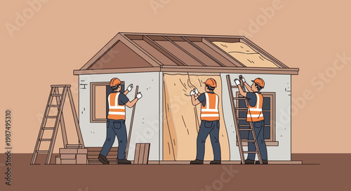 Construction Team Working Together to Build a House with Detailed Illustration