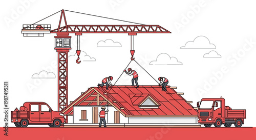 Construction Team Working Together to Build New House with Crane and Trucks for Support