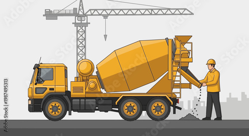Construction Theme Featuring Concrete Mixer Truck, Crane and a Construction Worker at Work