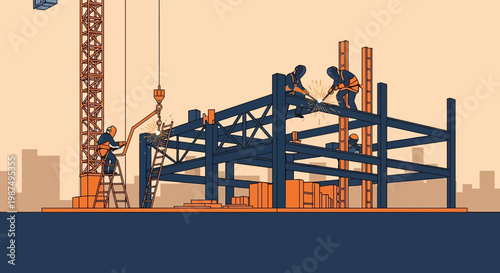 Construction Workers at Work Building a New Metallic Structure on a Building Site