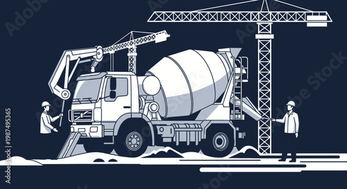 Construction Theme Illustration Featuring a Concrete Mixer Truck and Infrastructure Graphics