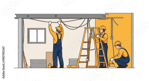Construction Workers at Work Installing Electrical Wiring and Setting Up The Utilities
