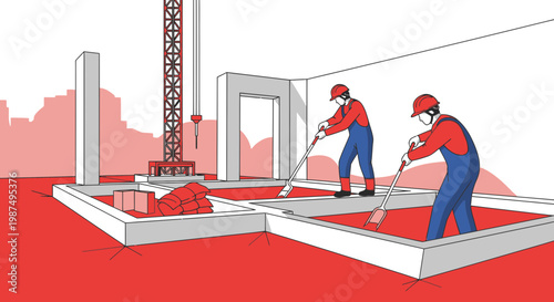 Construction Workers At Work On A Building Foundation In An Architectural Illustration