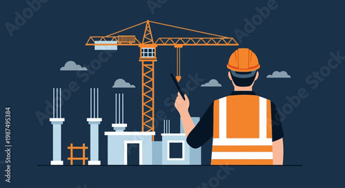 Construction Worker Observing Site Operations with Tower Crane and Building Design