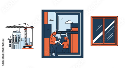 Construction Workers Cleaning Window With A Crane In The Background, Vector Illustration