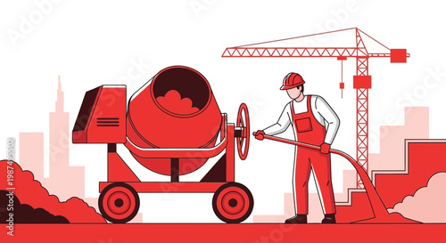 Construction Worker Operates Concrete Mixer on Building Site in Modern, Simplified Style
