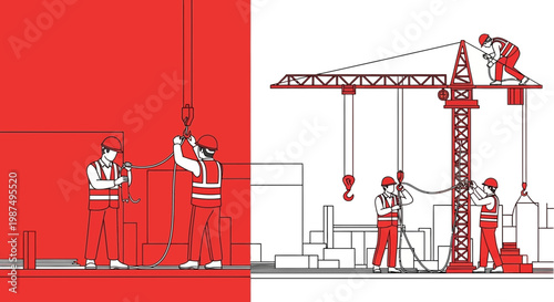 Construction Workers Collaborating Alongside a Crane Illustrating a Building Project Concept