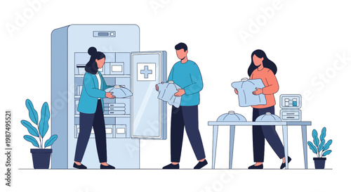 Healthcare workers preparing medical supplies in a modern clinic