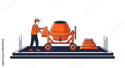 Construction Worker Operates Concrete Mixer on Job Site Under Clear Sky in Vector Style