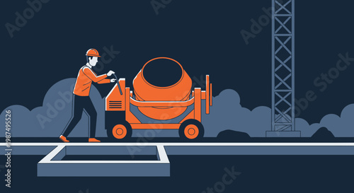 Construction Worker Operates Concrete Mixer on Jobsite with Tower in Background