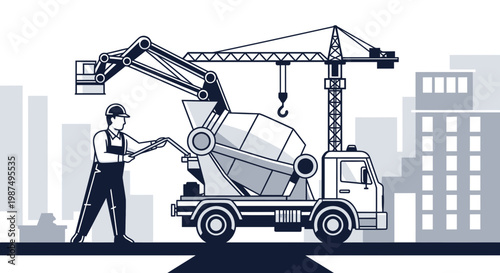 Construction Worker Operates Concrete Mixer Truck On A Urban Site Illustration