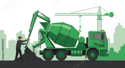 Construction Worker Operates Concrete Mixer Truck With Crane and City Background View