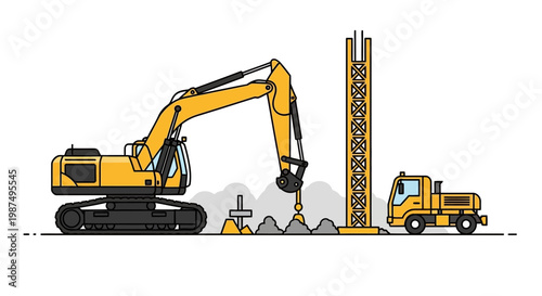 Construction Vehicles At Work: A Detailed And Bold Illustration Of Heavy Machinery On Site