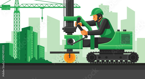 Construction Worker Operates Drilling Equipment Near City Buildings On Construction Site
