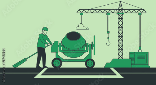 Construction Worker Operates Equipment at a Building Site with Machinery and Crane