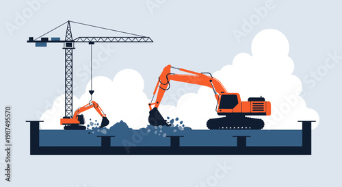 Construction Vehicles At Work Creating A Hole With Crane And Excavators In Progress