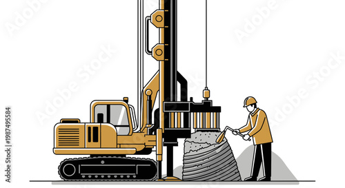 Construction Worker Operates Drill Rig, Creating Foundation Site Infrastructure Illustrated