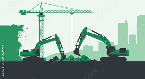 Construction Vehicles At Work on a modern project to build Urban area city development