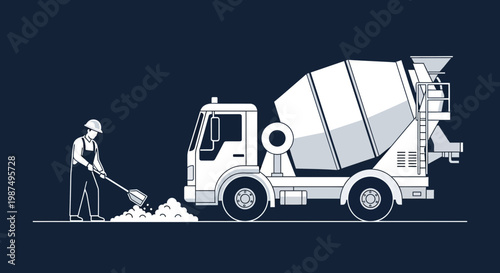 Construction Worker Shoveling Material Beside A Concrete Mixer Truck Monochrome Design