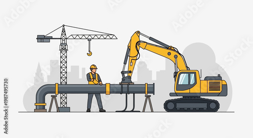 Construction Workers Collaborating, Utilizing Heavy Machinery on Pipeline Project, In Urban Setting