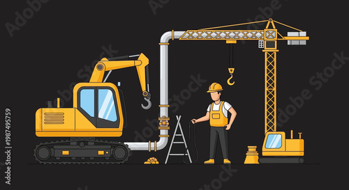 Construction Worker Standing Near Crane and Heavy Equipment with Piping Illustration