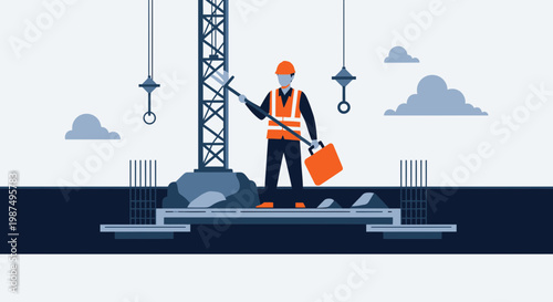 Construction Worker Standing On Foundation, With Crane And Building In Vector Illustration