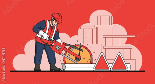 Construction Worker Uses a Circular Saw to Cut Through Material at a Site