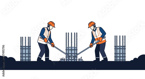 Construction Workers Erecting a Concrete Pillar on a Building Site with Protective Gear