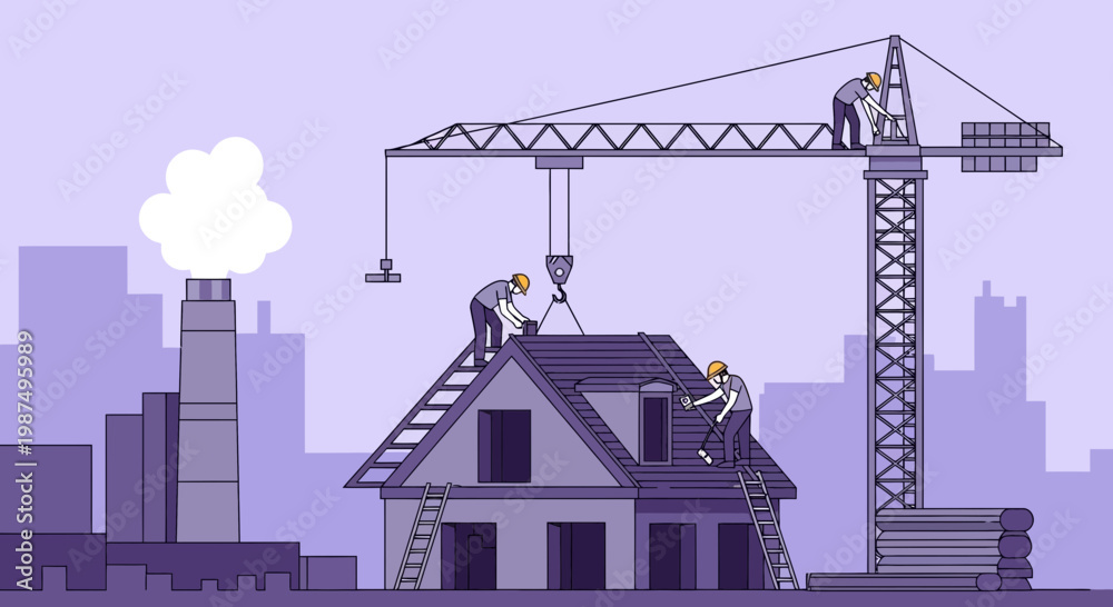 Obraz premium Construction Workers Erecting New Residential Structure Using Machinery For Home Building Process