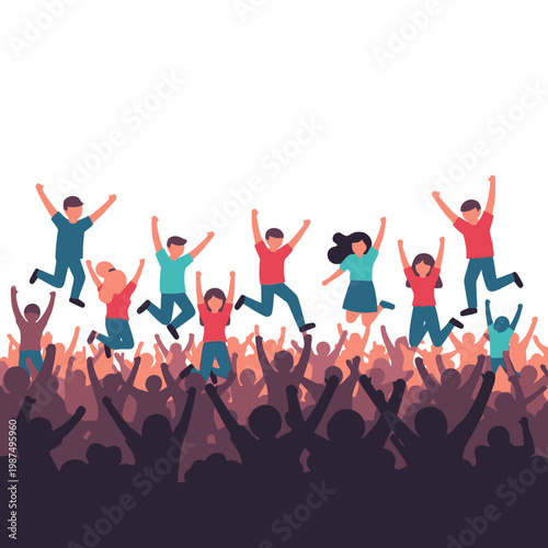 Diverse crowd celebrating, jumping with joy, arms raised, energetic atmosphere