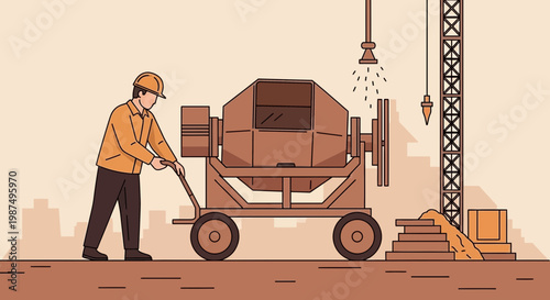Construction Worker With Concrete Mixer On Site Ready For Action In Cartoon Style