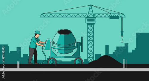 Construction Worker With Concrete Mixer On Site, Crane In The Background Illustrative
