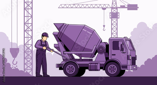 Construction Worker With Concrete Mixer Truck in Graphic Illustration Style