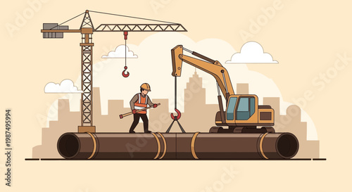 Construction Worker With Crane and Excavator Assembling Pipes on Urban Landscape