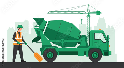 Construction Worker With Concrete Mixer Truck Near The Crane, Urban City, Vector Illustration