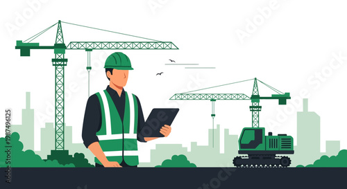 Construction Worker With Tablet Supervising Development On City Backdrop Illustration