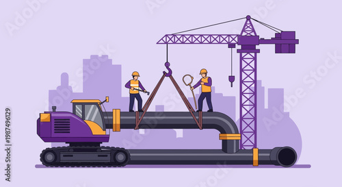 Construction Workers Handling Pipes With Crane Near City Buildings, Vector Illustration