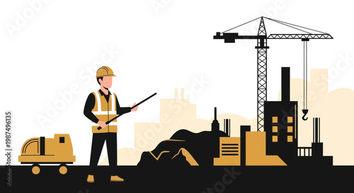 Construction Worker With The Crane And Factory, Illustrative Engineering Silhouette