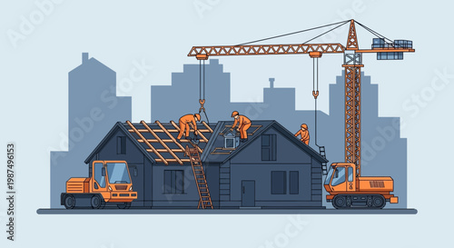 Construction Workers Hard At Work Building a New House with Cranes and Machinery