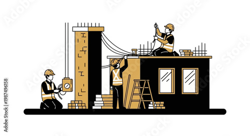 Construction Workers Hard At Work Building Architecture and Installing Wires Illustration