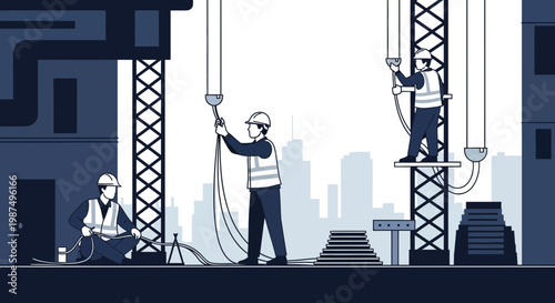 Construction Workers Hard At Work Building Architecture and Engineering in Urban Cityscape