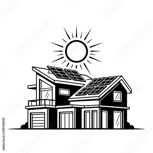 Modern house with solar panels on the roof powered by the sun