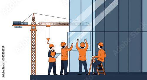 Construction Workers Installing Glass Panels on a Modern Skyscraper Building Exterior