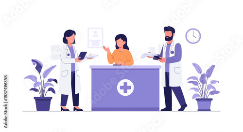 Healthcare Consultation with Medical Professionals at Reception Desk