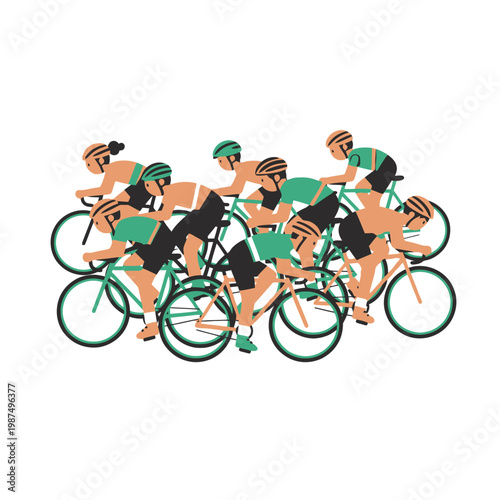 Cyclists Race: Group of athletes on bicycles in a peloton, dynamic illustration